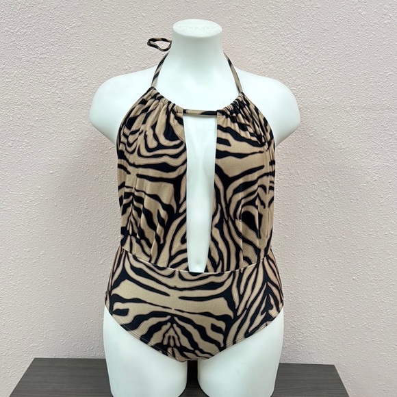 Black and Tan One Piece Swimwear with Halter Neck - Picture 1 of 7